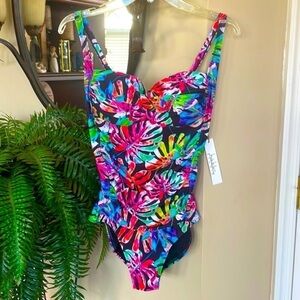 Brand New Nicole Miller Colorful Neon Tropical Palm One-Piece Bandeau Swimsuit
